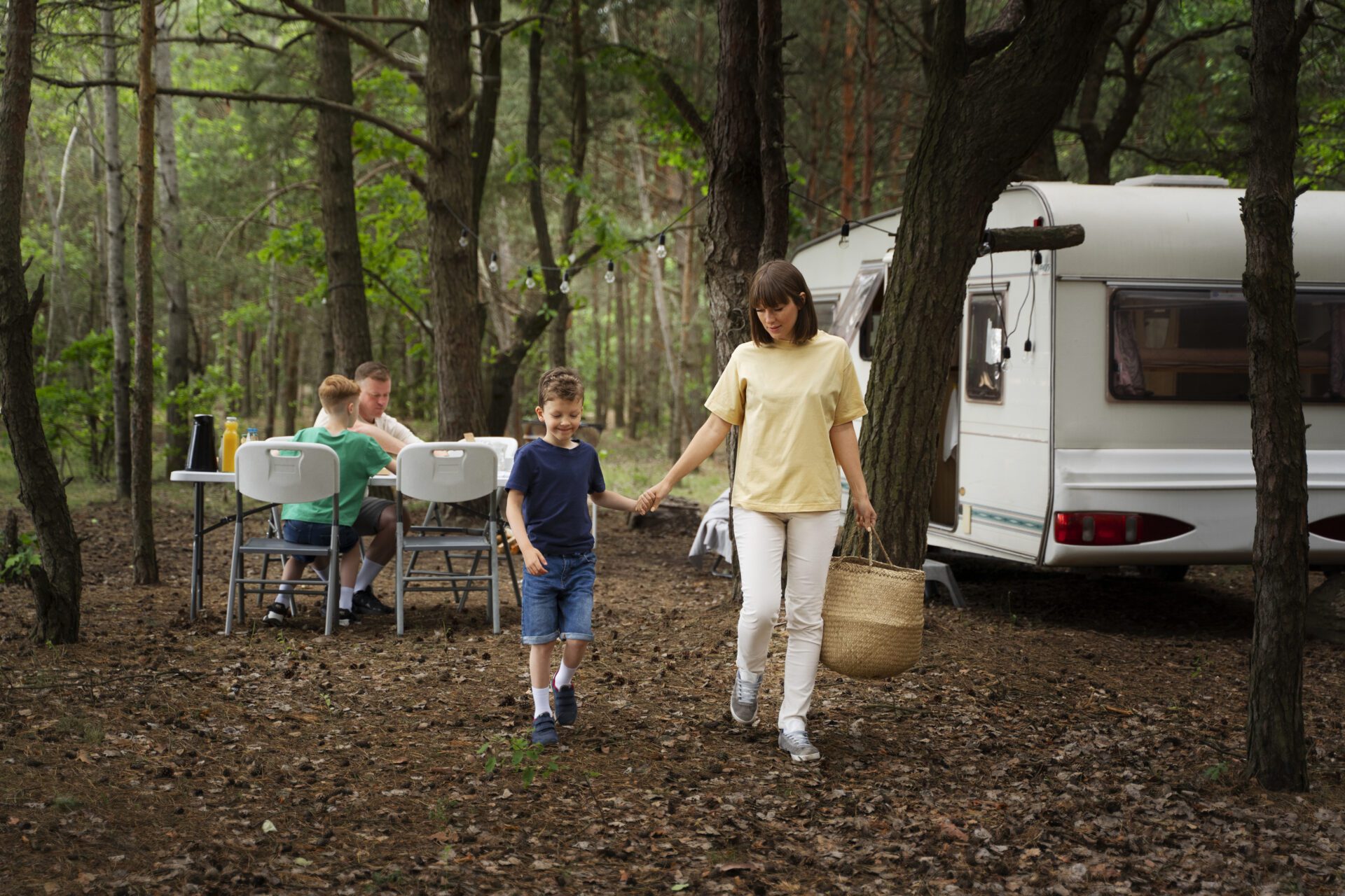 family next to a Camper